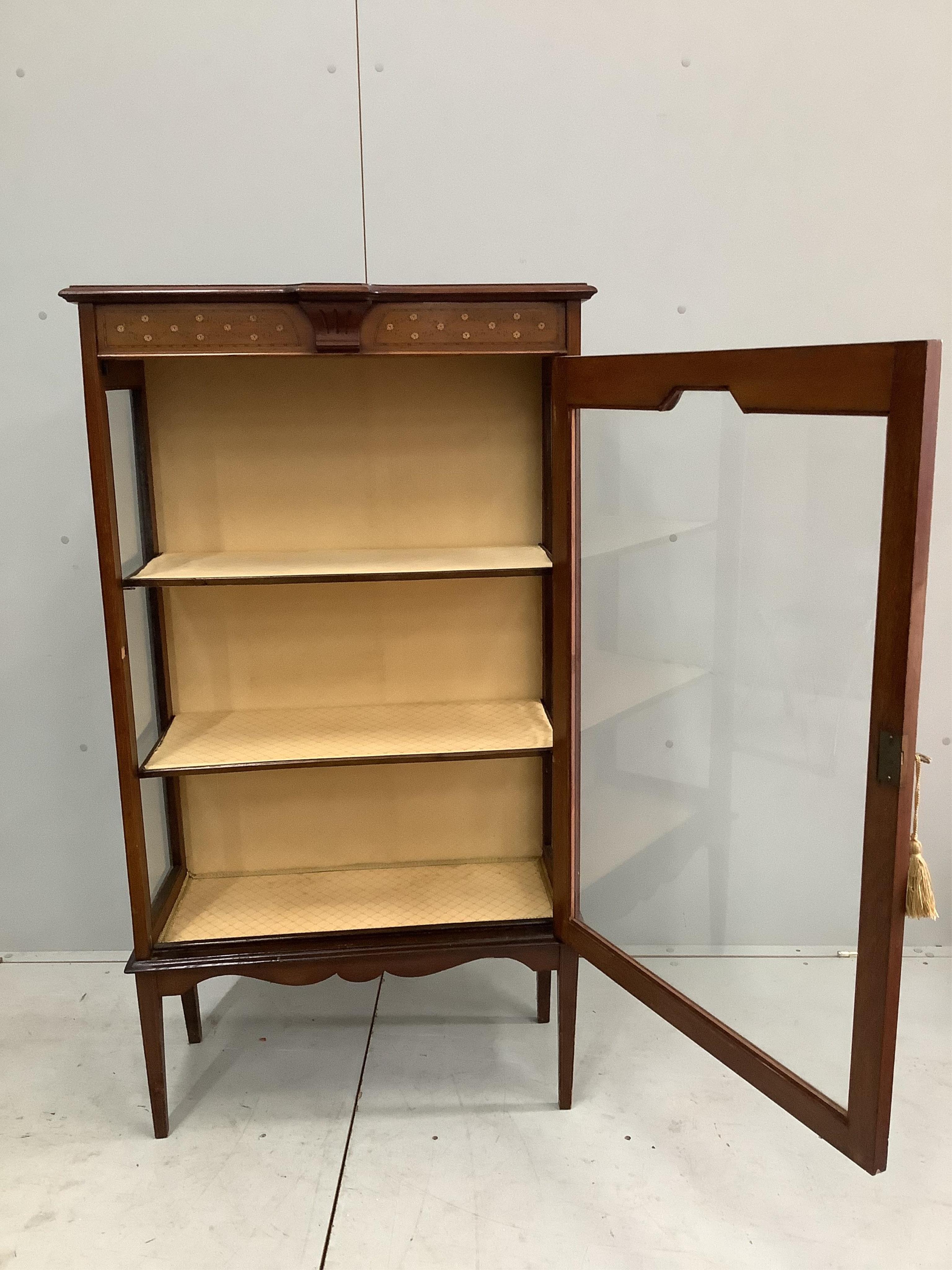 An Edwardian painted mahogany display cabinet, width 75cm, depth 37cm, height 134cm. Condition - fair